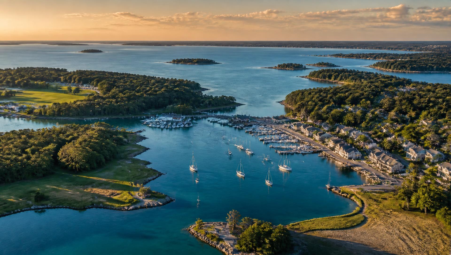 Aerial view of Greenwich Harbour at golden hour with moored sailboats, wooded peninsulas, tidal marsh, and Long Island Sound